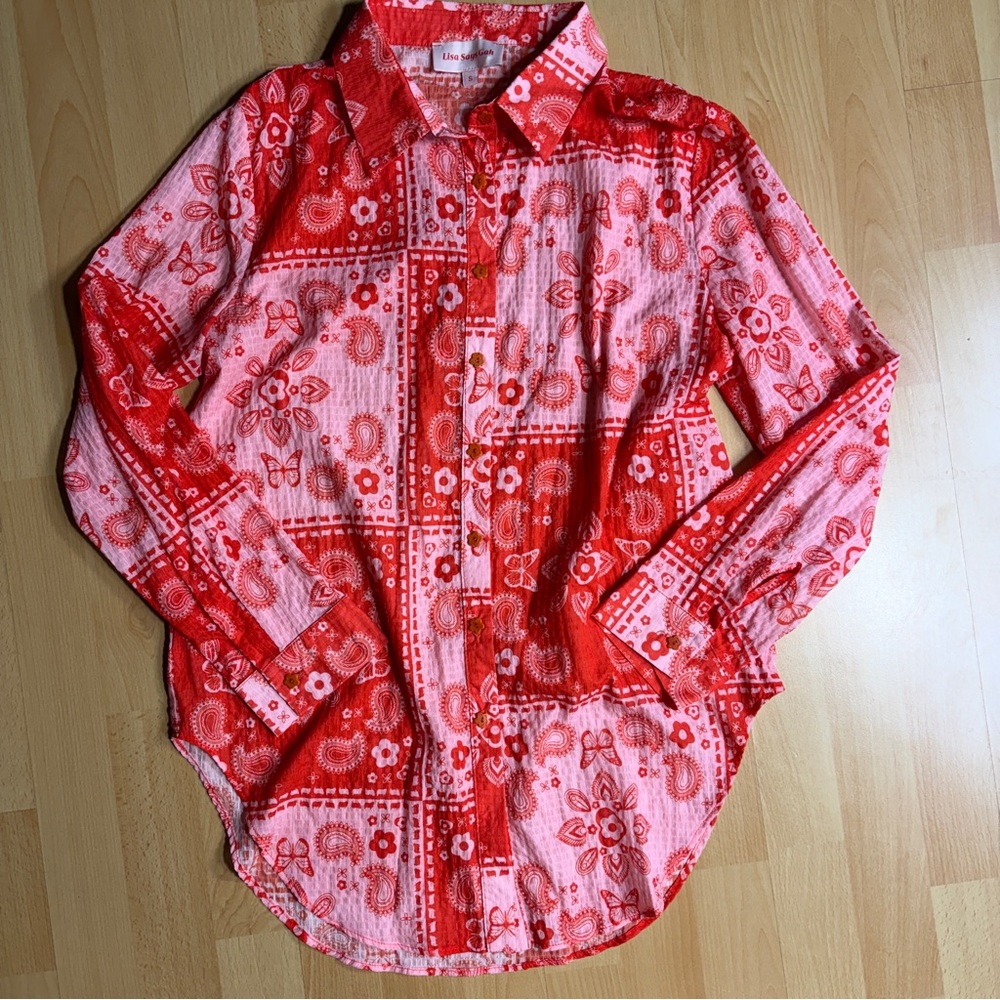 Lisa Says Gah Red and Pink Bandana Paisley Patchwork Flower Button‎ Shirt